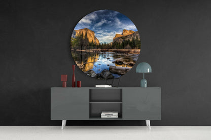 Golden Cliffs Reflected in River Valley Glass Wall Art