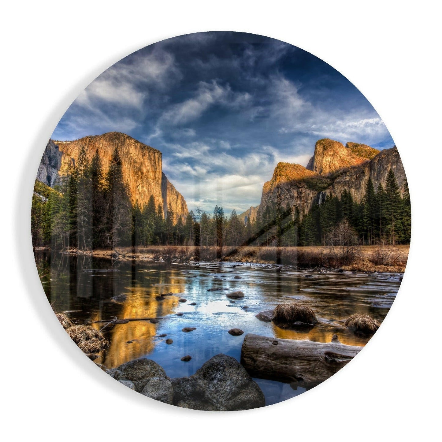 Golden Cliffs Reflected in River Valley Glass Wall Art