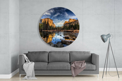 Golden Cliffs Reflected in River Valley Glass Wall Art