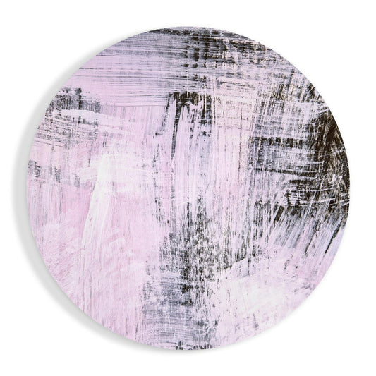 Circular glass wall art with lilac background and black dry brush streaks creating vertical texture patterns.