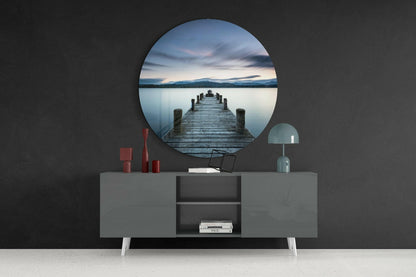 Misty Mountain Lake Pier Dusk Glass Wall Art