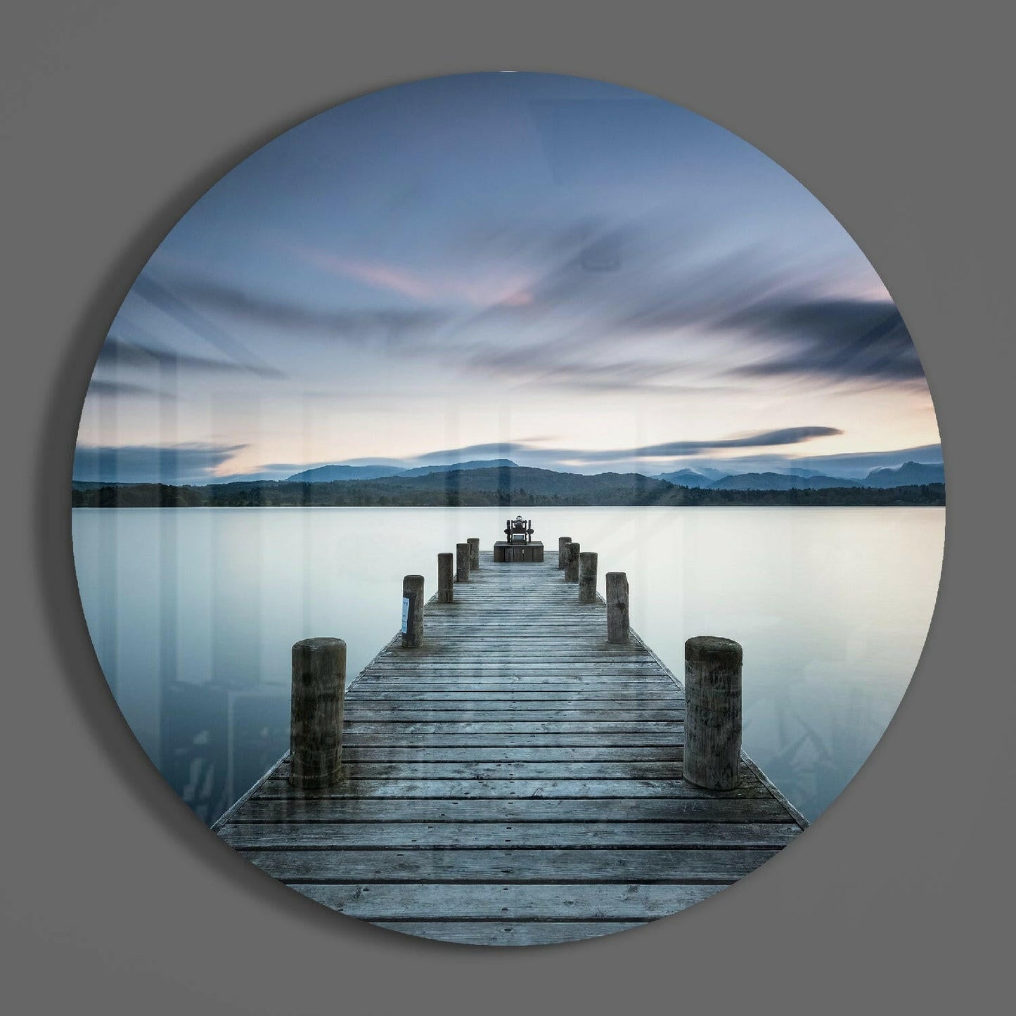 Misty Mountain Lake Pier Dusk Glass Wall Art