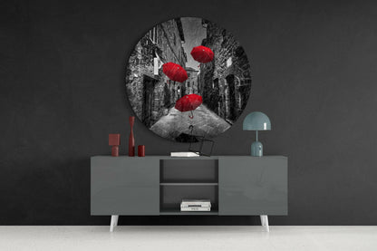 Floating Red Umbrellas Stone Street Glass Wall Art