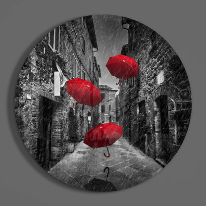 Floating Red Umbrellas Stone Street Glass Wall Art