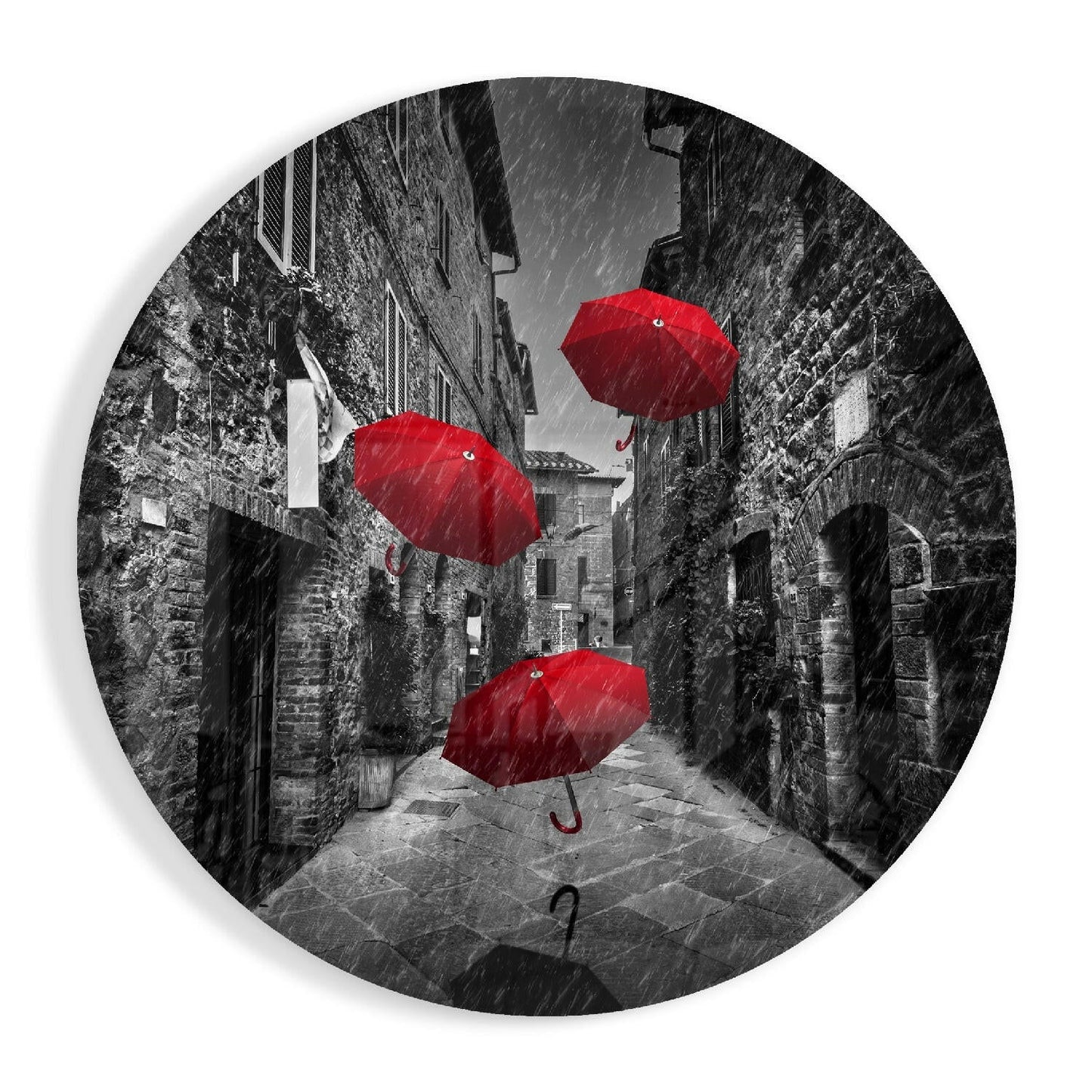 Floating Red Umbrellas Stone Street Glass Wall Art