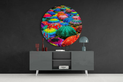 Round Polka Dot Rainbow Umbrellas Glass Wall Art
