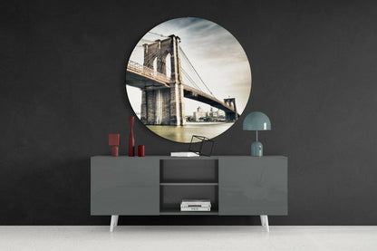 Sepia Brooklyn Bridge Circle Glass Wall Art