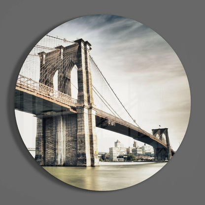 Sepia Brooklyn Bridge Circle Glass Wall Art