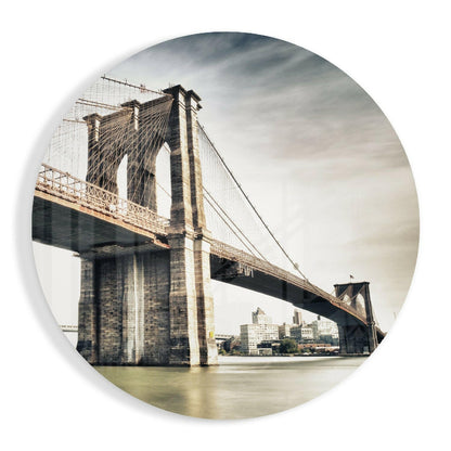 Sepia Brooklyn Bridge Circle Glass Wall Art
