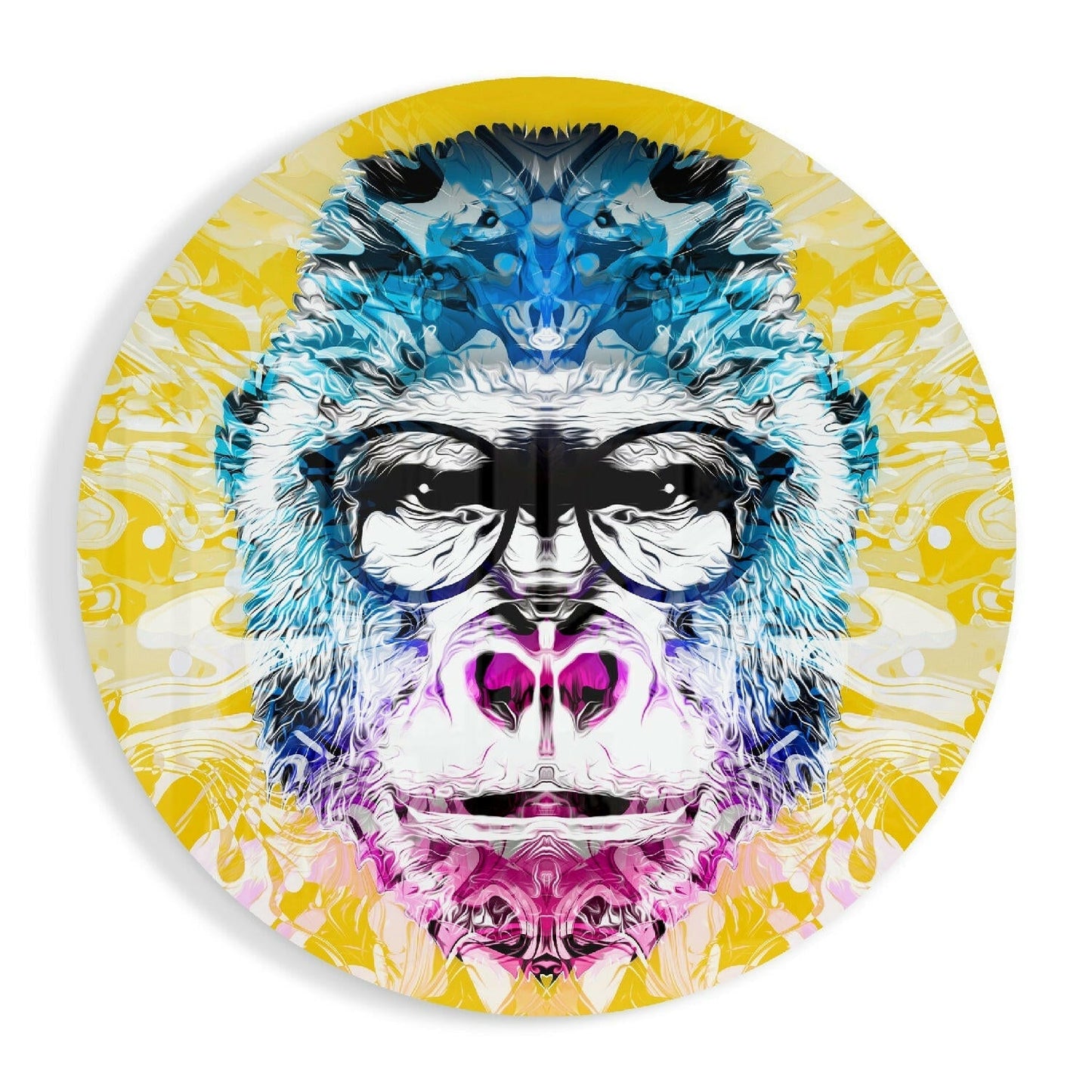 Circular glass wall art featuring a stylized primate face with blue, pink, and yellow colorwork and large black-rimmed glasses.