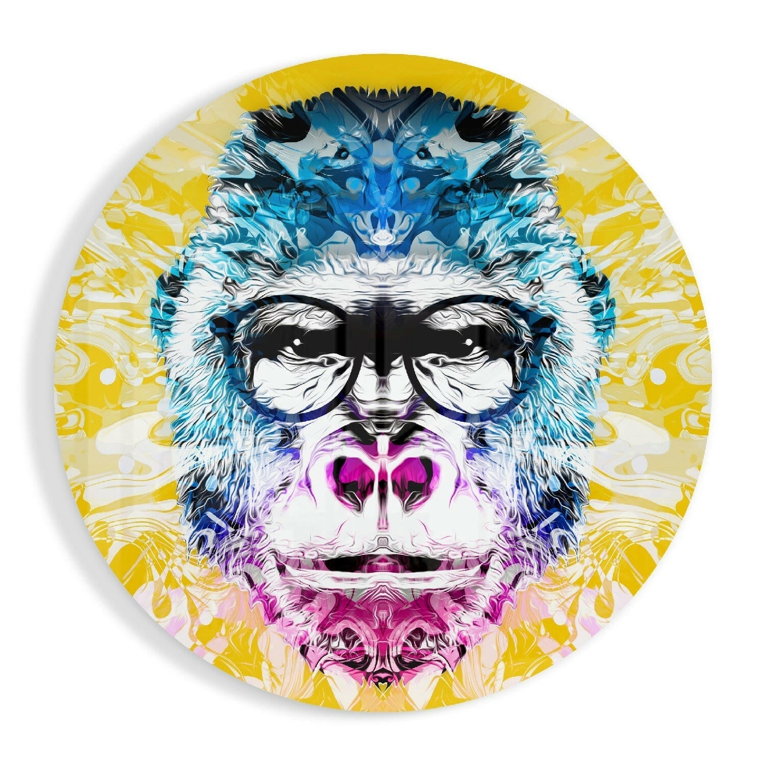 Circular glass wall art featuring a stylized primate face with blue, pink, and yellow colorwork and large black-rimmed glasses.
