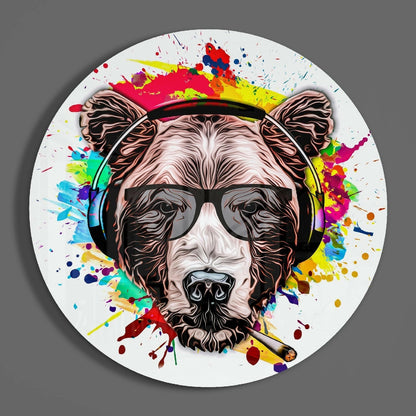 Circular glass wall art featuring a stylized bear head wearing headphones and sunglasses, surrounded by vibrant multicolored paint splatters on white background.