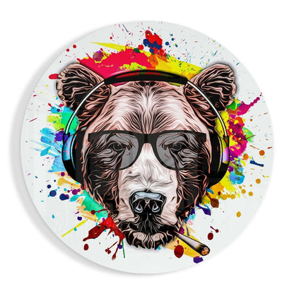 Circular white glass wall art featuring a stylized bear head wearing headphones and glasses, surrounded by colorful paint splatter in red, yellow, blue, and green.
