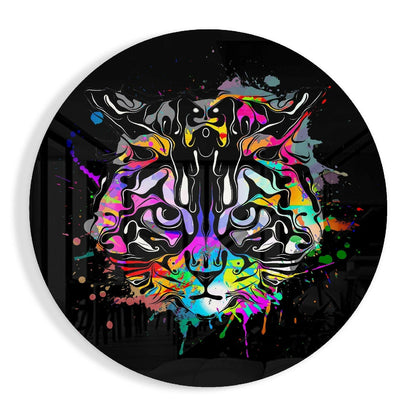 Colorful neon cat face with white outline on black circular vinyl record, featuring vibrant paint splatter effects in pink, purple, yellow, and cyan.