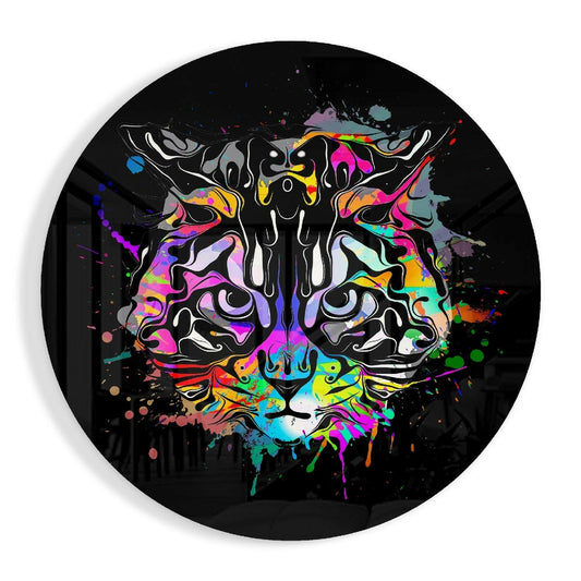 Colorful neon cat face with white outline on black circular vinyl record, featuring vibrant paint splatter effects in pink, purple, yellow, and cyan.