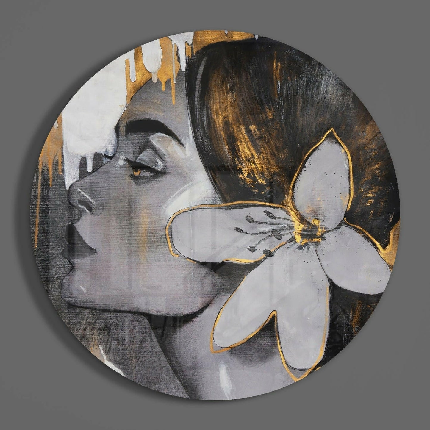 Gold Drip Profile With White Lily Woman Glass Wall Art