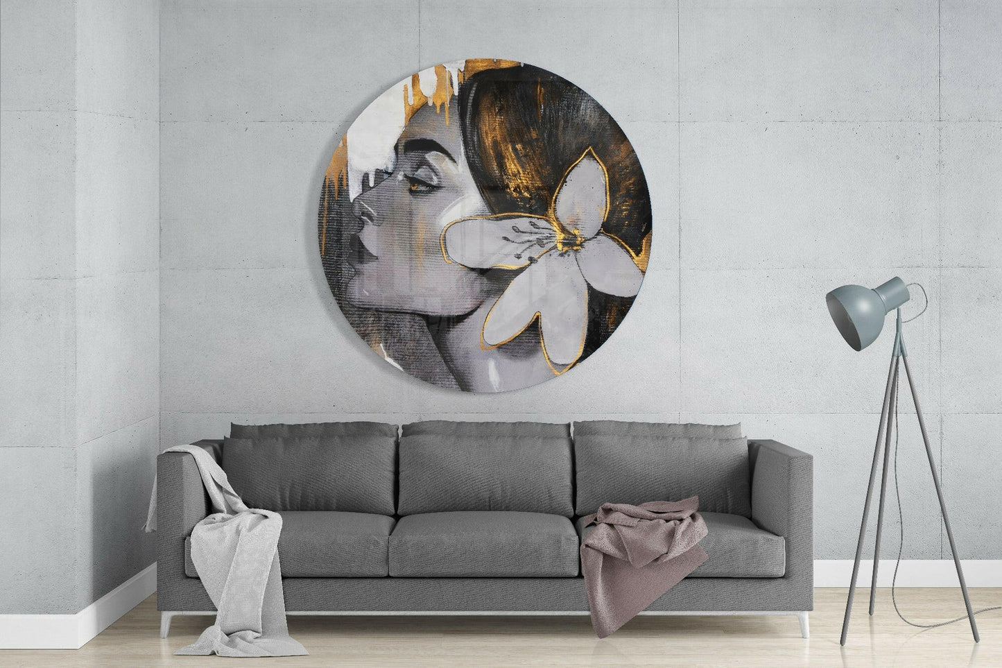 Gold Drip Profile With White Lily Woman Glass Wall Art
