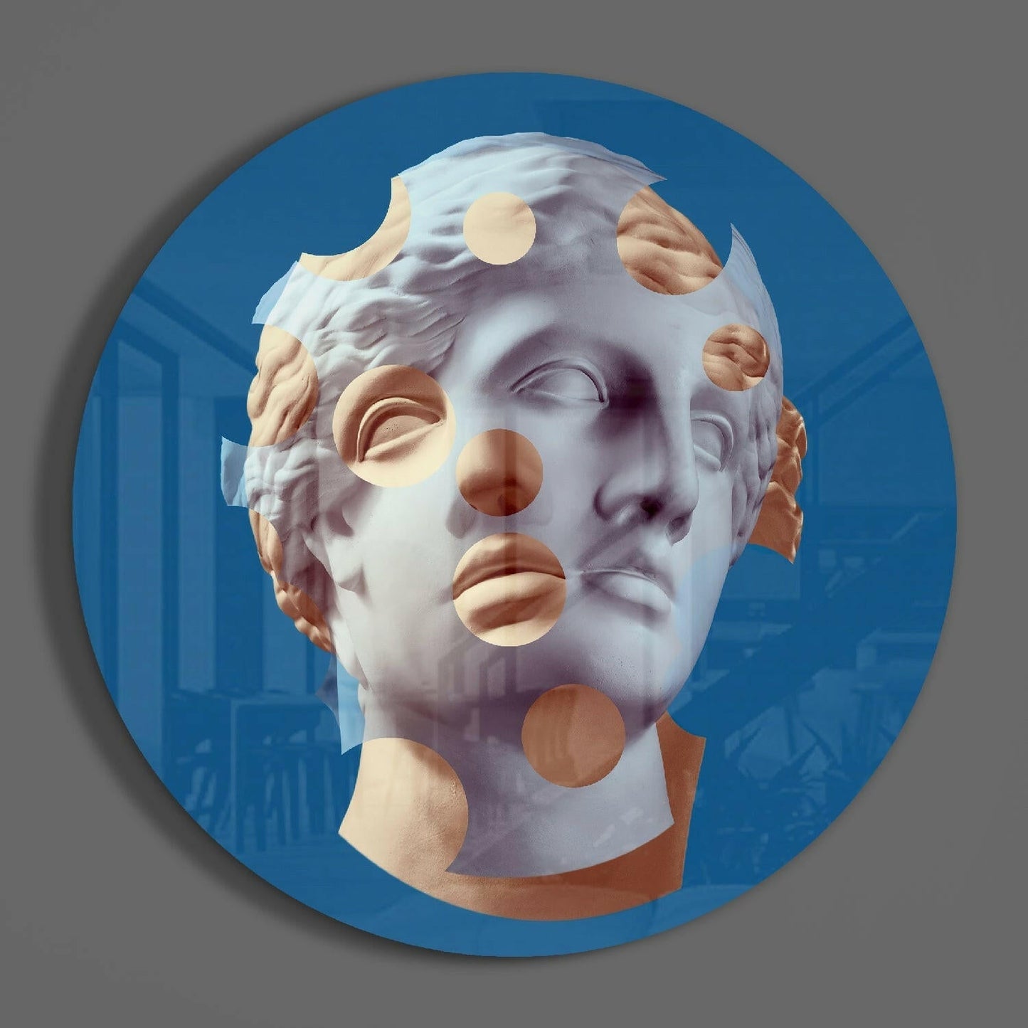 Blue Statue Head Peach Dots Glass Wall Art