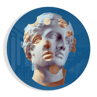 Blue Statue Head Peach Dots Glass Wall Art