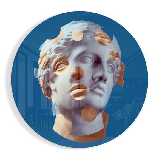 Classical marble bust with peach-colored circular cutouts against deep blue background in circular frame.