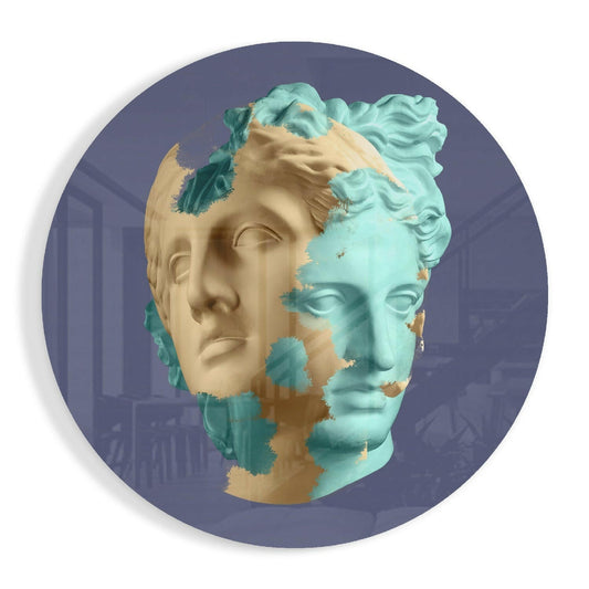 Classical sculptural head split vertically in mint green and beige tones against dark purple circular background.