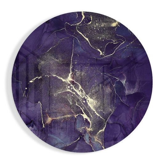 Circular purple and gold veined glass wall art displaying a detailed map with illuminated cities and border outlines against a deep violet background.