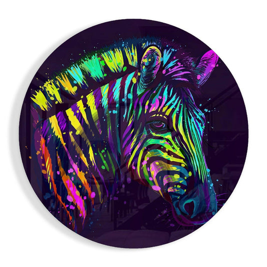 Colorful zebra head portrait on circular glass with neon yellow, cyan, magenta, and orange paint splashes against dark purple background.