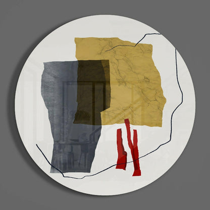 Circular glass wall art featuring layered abstract shapes in gold, gray, dark brown, and red with hand-drawn blue outlines on white background.
