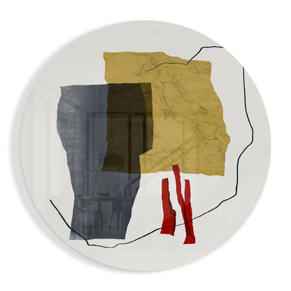 Circular glass wall art featuring overlapping geometric shapes in gray, olive, dark brown, and red with hand-drawn blue border lines on white background.