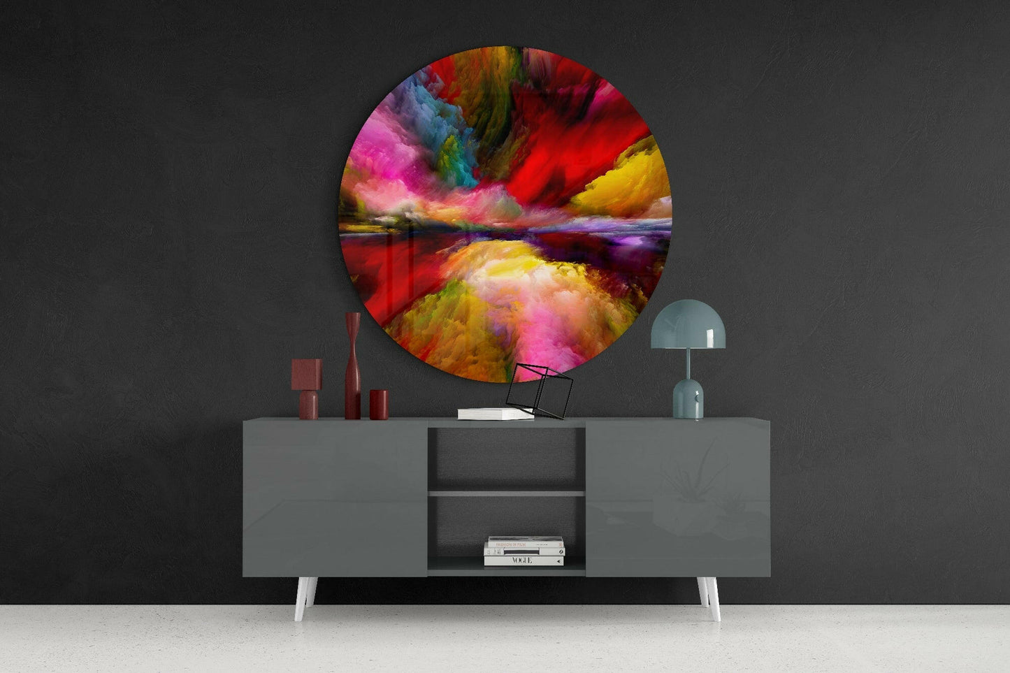 Crimson Rainbow Smoke Round Glass Wall Art