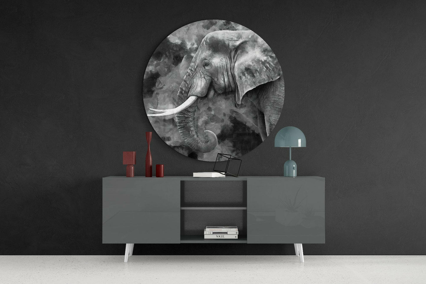 Monochrome Painted Elephant Profile Glass Wall Art