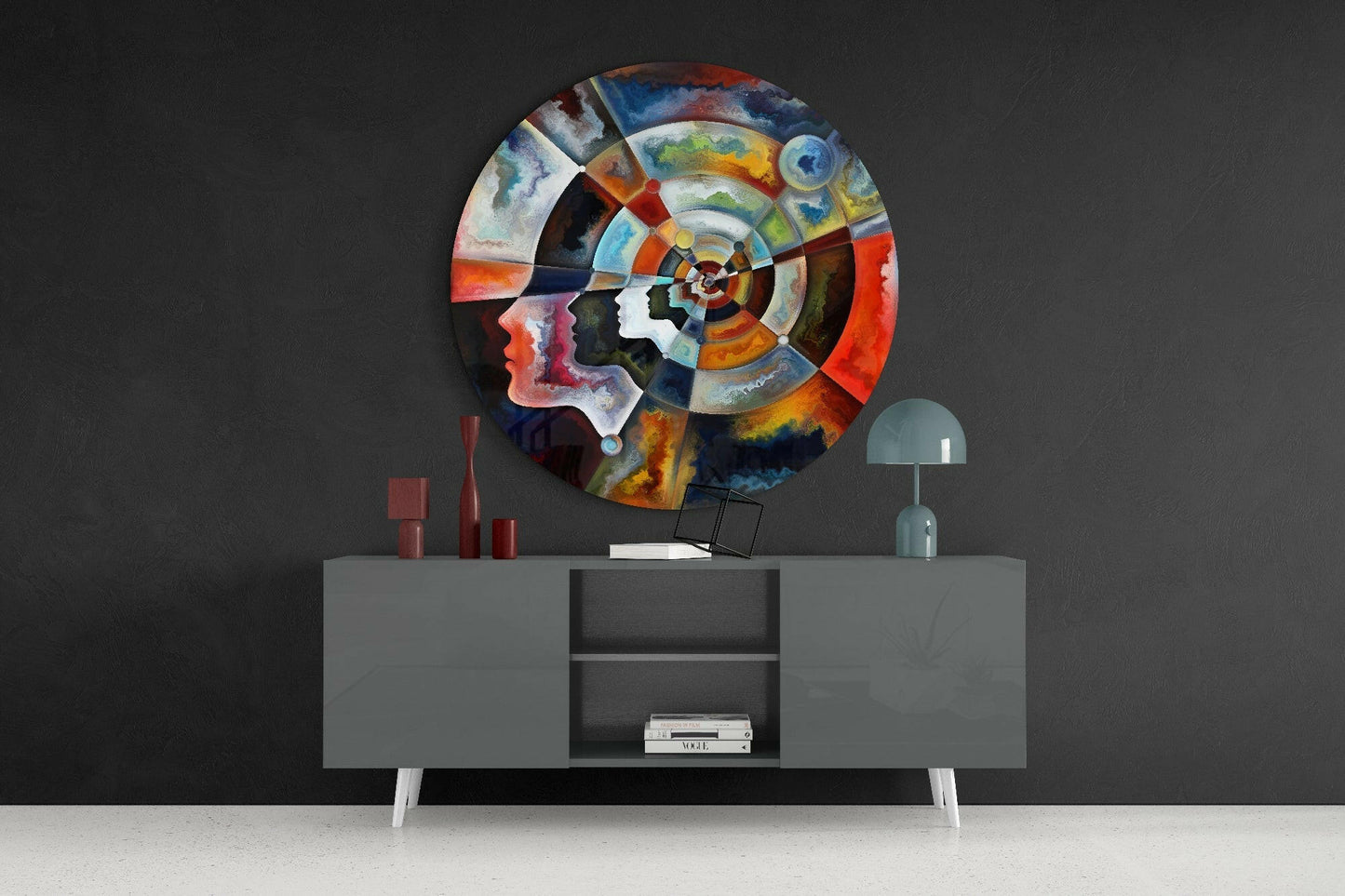 Round Radial Marbled Faces Mandala Glass Wall Art
