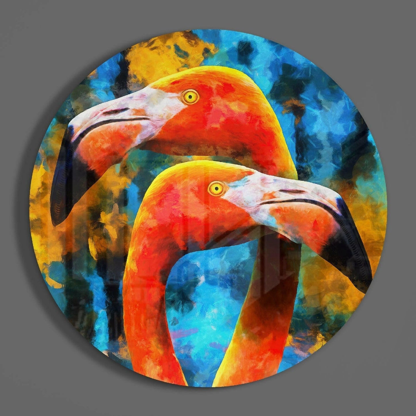 Twin Orange Flamingos Blue Glass Wall Art