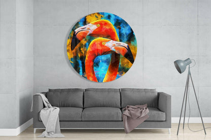 Twin Orange Flamingos Blue Glass Wall Art