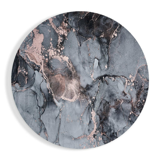 Circular slate gray glass wall art with copper and rose gold veining and crackle texture throughout.