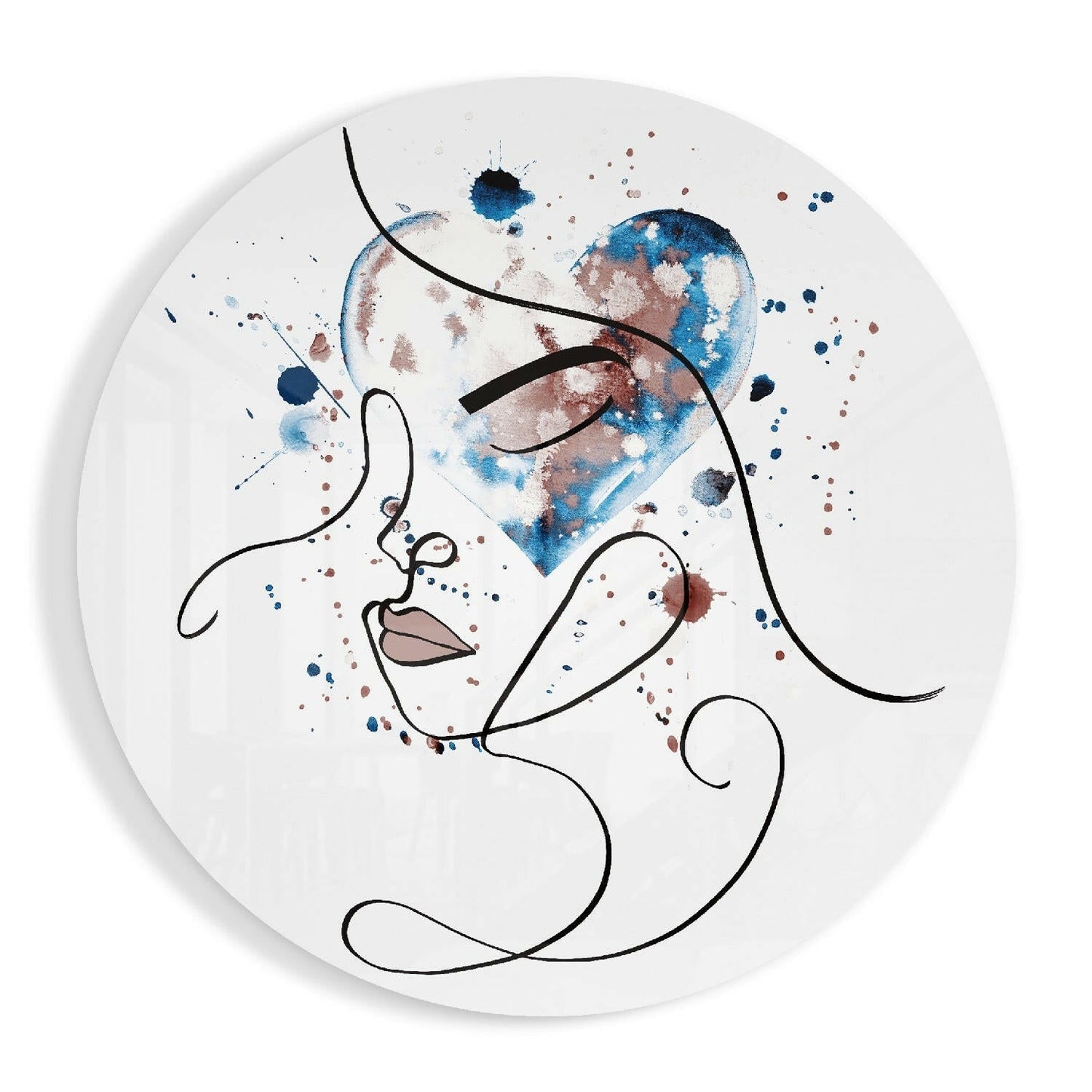 Circular glass wall art featuring minimalist line-drawn face with blue and brown watercolor splashes on white background.