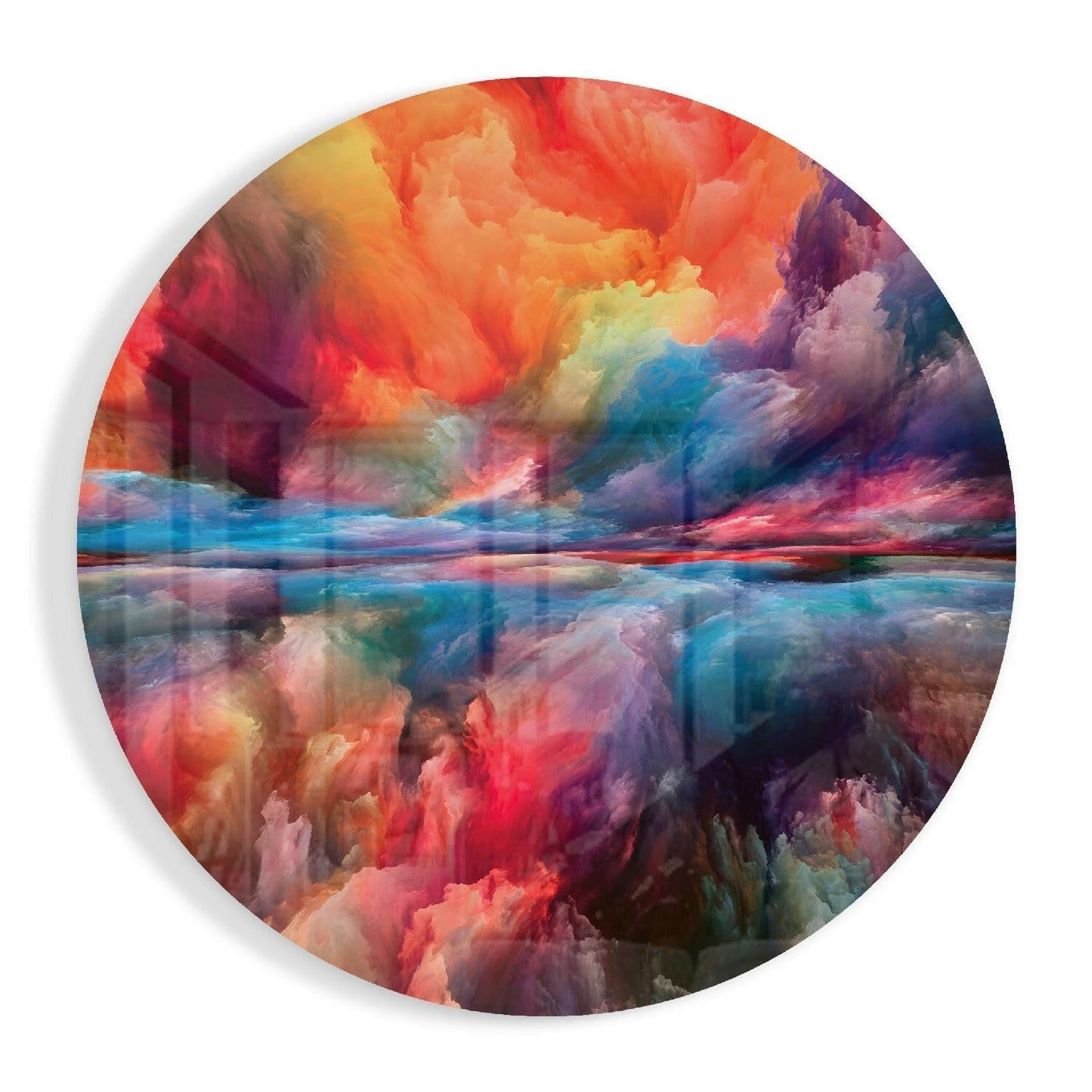 Fiery Orange Blue Cloud Round Glass Wall Art