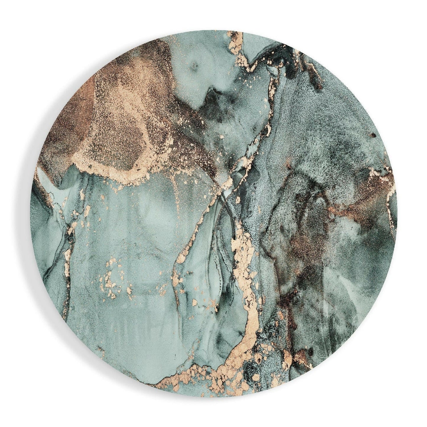 Circular turquoise and sage green marble glass wall art with natural tan and charcoal veining patterns, viewed from front.