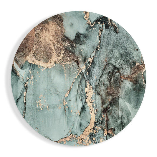 Circular turquoise and sage green marble glass wall art with natural tan and charcoal veining patterns, viewed from front.