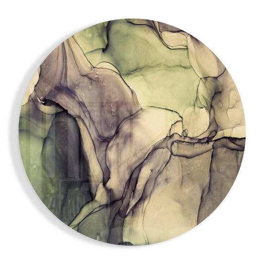 Circular green marble glass art with swirling cream, sage, and charcoal veining creating abstract topographical patterns.