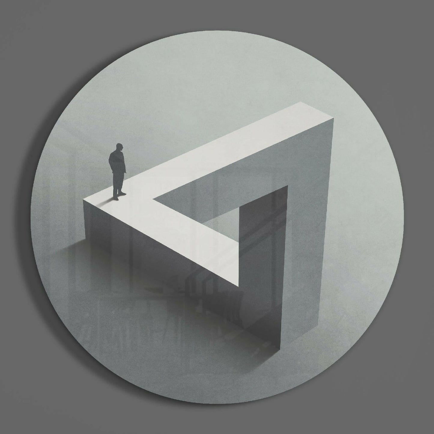 Miniature figure standing on white geometric maze structure against gray circular background, isometric view.