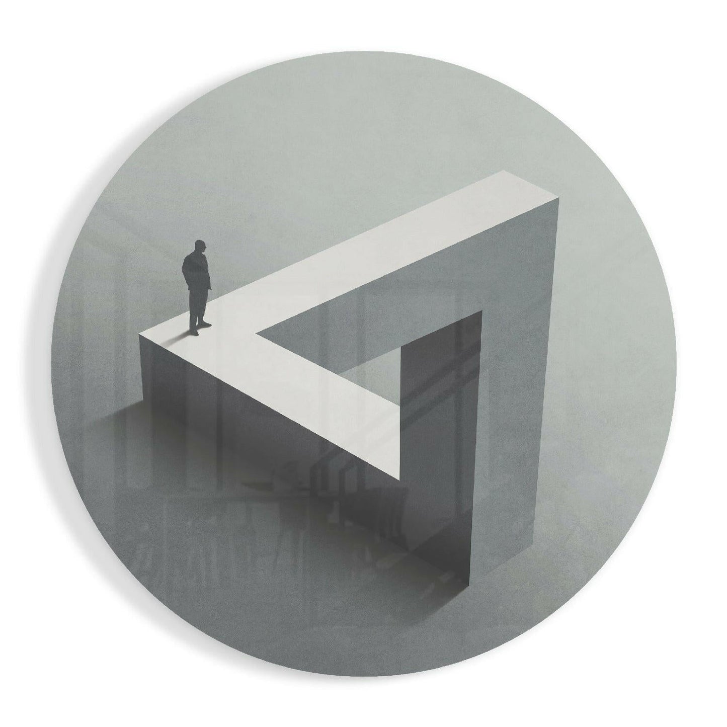 Isometric view of a small silhouetted figure standing on a white glass ledge within a gray geometric labyrinth structure.