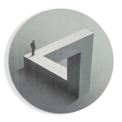 Isometric view of a small silhouetted figure standing on a white glass ledge within a gray geometric labyrinth structure.