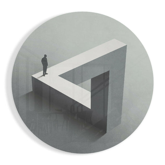 Isometric view of a small silhouetted figure standing on a white glass ledge within a gray geometric labyrinth structure.