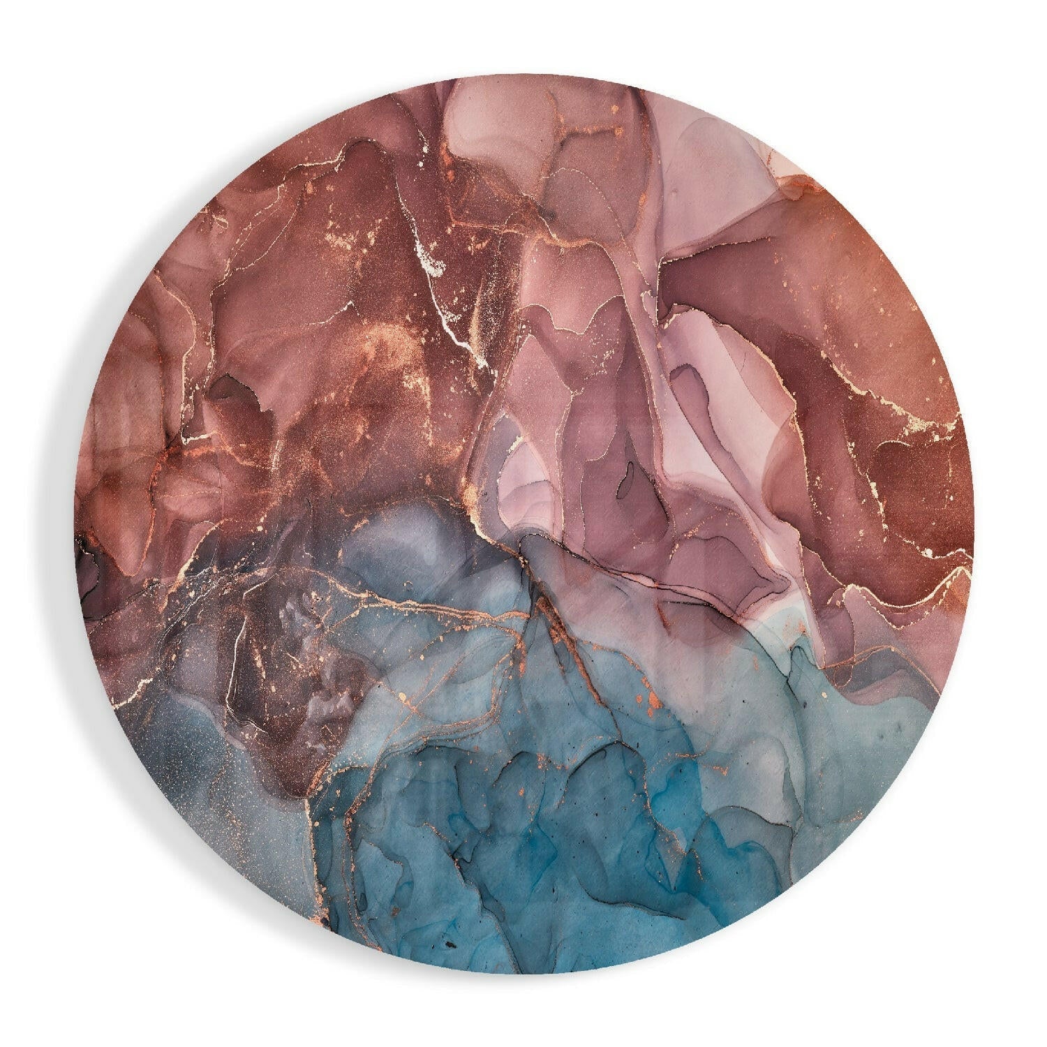 Circular glass wall art displaying flowing abstract patterns in rose, mauve, and teal with copper-colored veining throughout.