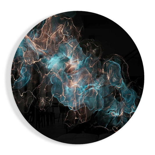 Round glass wall art with teal and copper marble pattern, gold veining, and dark background, photographed flat against white.