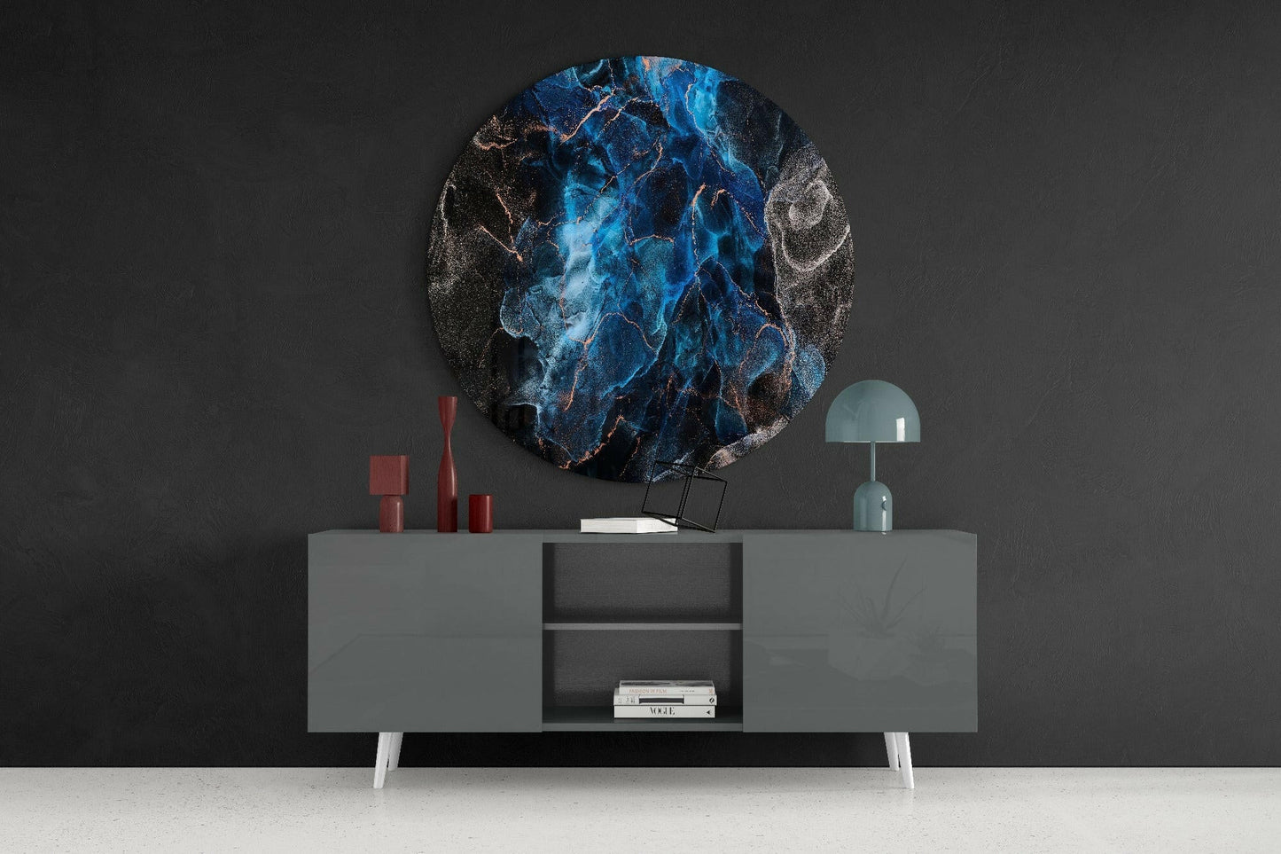 Deep Blue Marble Copper Veins Glass Wall Art