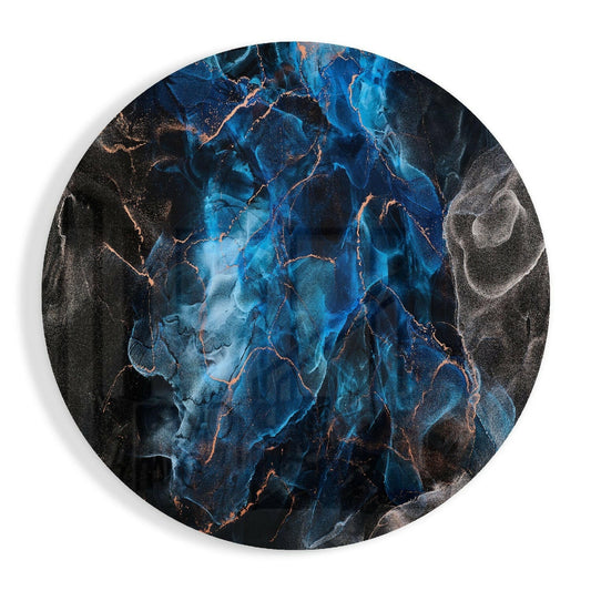 Circular glass wall art featuring deep blue marble texture with copper-colored veins and charcoal gray edges, viewed straight on.