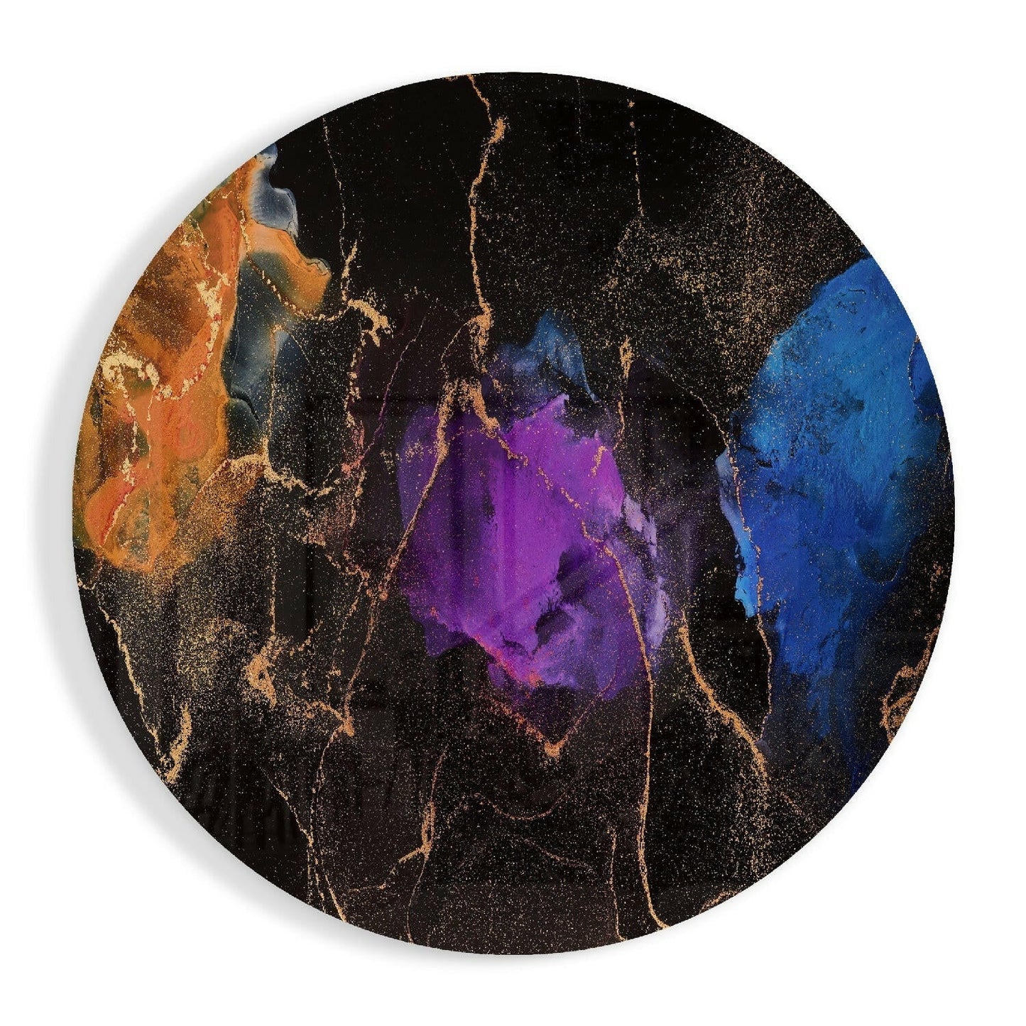 Purple Blue Gold Ink Round Glass Wall Art