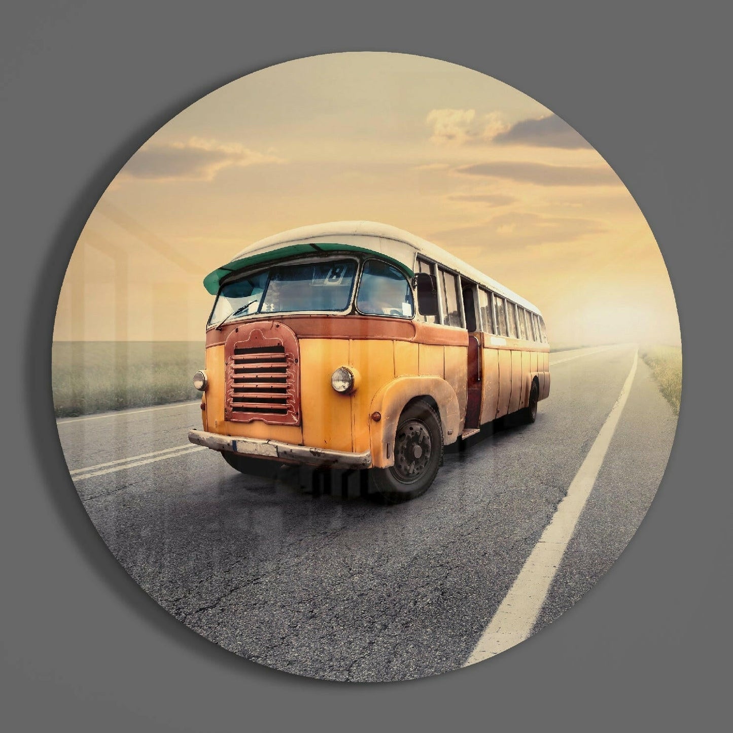 Round Classic Bus Country Road Glass Wall Art